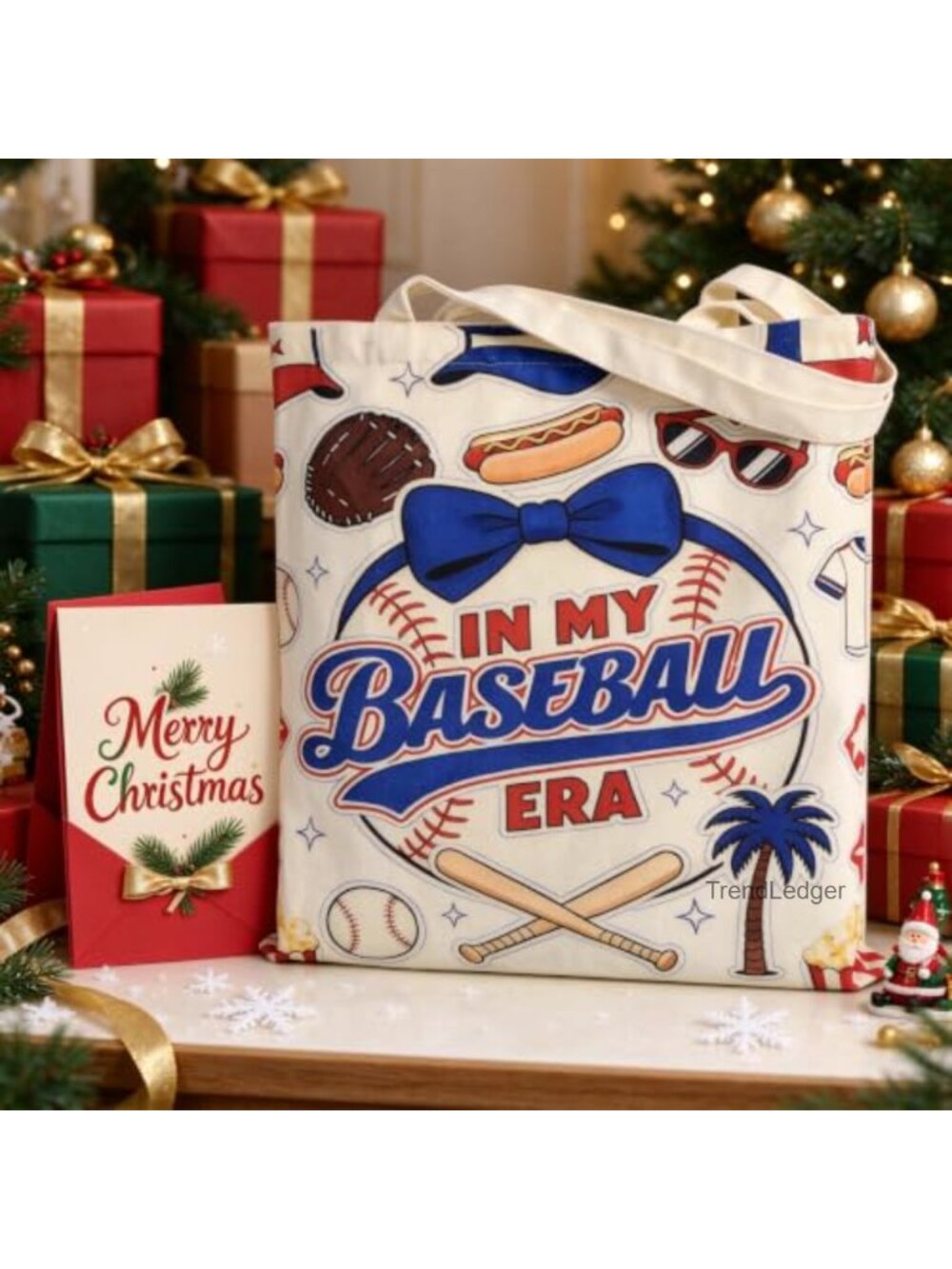 Canvas Baseball Tote Bag Double-Sided Print Inner Zip Pocket Large